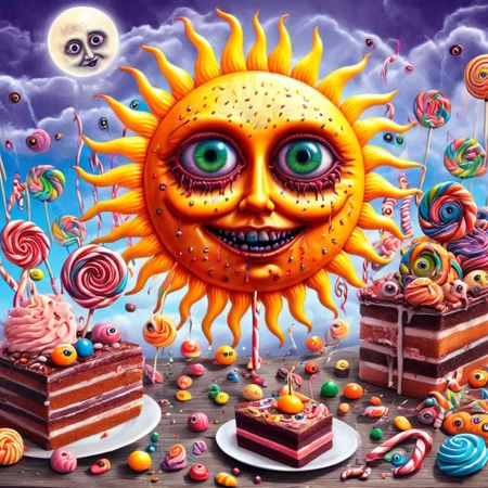 Lisarank, creepy sun with creepy eyes floating over candy and cake, rainbows, cute, high quality, high resolution,