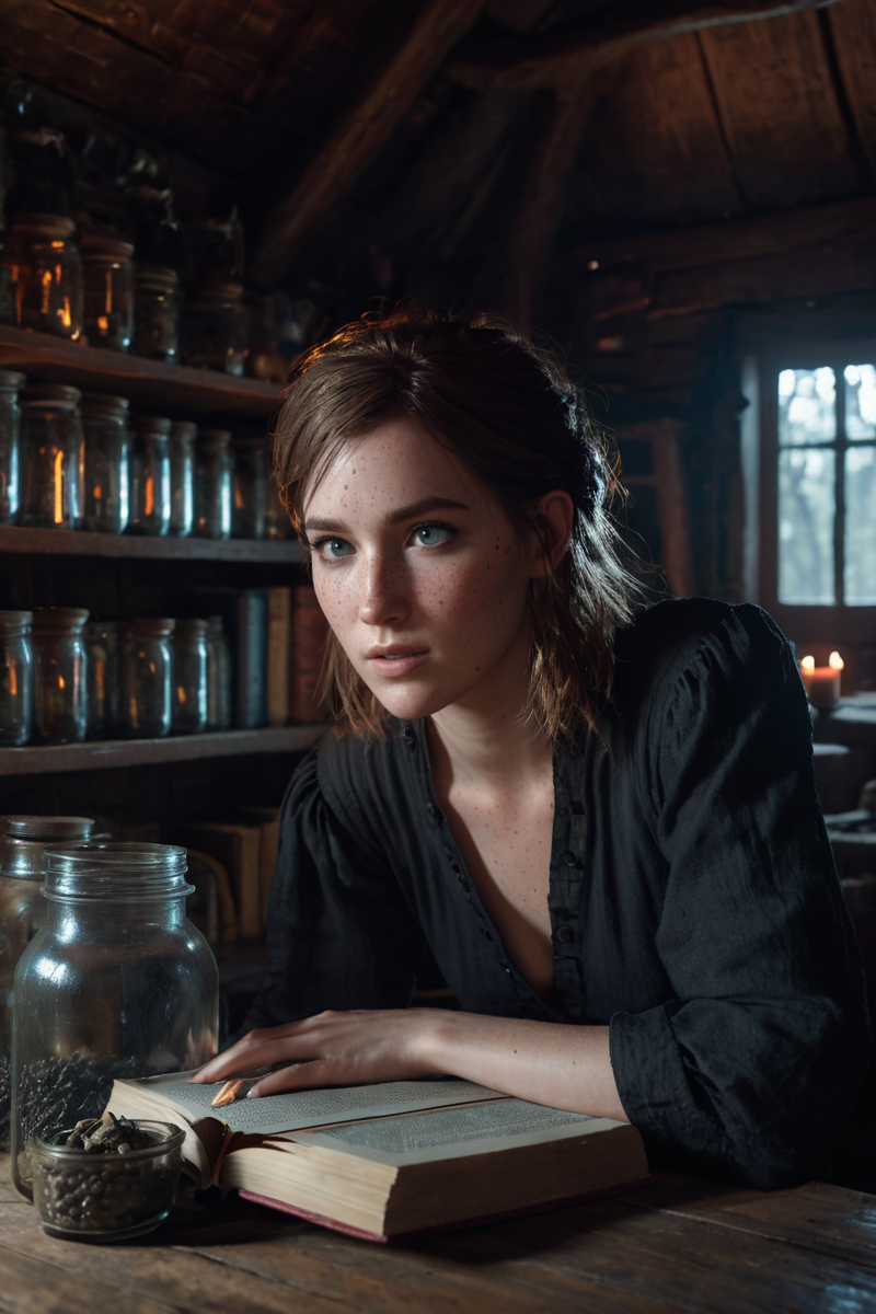 <lora:Ellie_last_of_us_ll_101:0.75> ellie101 freckles  portrait cinematic photo as witch in a cabin filled with glass jars and books , evil expression , finely detailed eyes, moody, , epic scene, epic composition, Photography, Cinematic Lighting, Volumetric Lighting, ethereal light, intricate details, extremely detailed volumetric rays 35mm photograph, film, bokeh, professional, 4k, highly detailed . Magical, fantastical, enchanting, storybook style, highly detailed