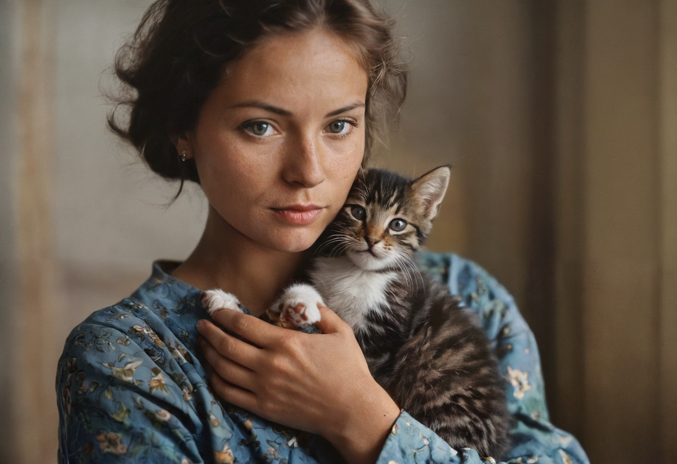 Photography in (stvmccrr style), a woman holding a kitten, analog film, film grain, kodachrome, intricate details, insanely detailed, natural lighting, 8k, hdr, masterpiece, award winning photography