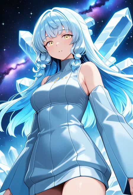 detailed, detailed_background, vibrant, amazing quality, cinematic ambience, <lora:regice-15:1> (pregi), humanization, galaxy, from below, blue hair, blue turtleneck dress, hair ornament, ice_wings, ribbed_dress, gem_hair_ornament, sleeves, detached sleeves, celestial, aura, ice,