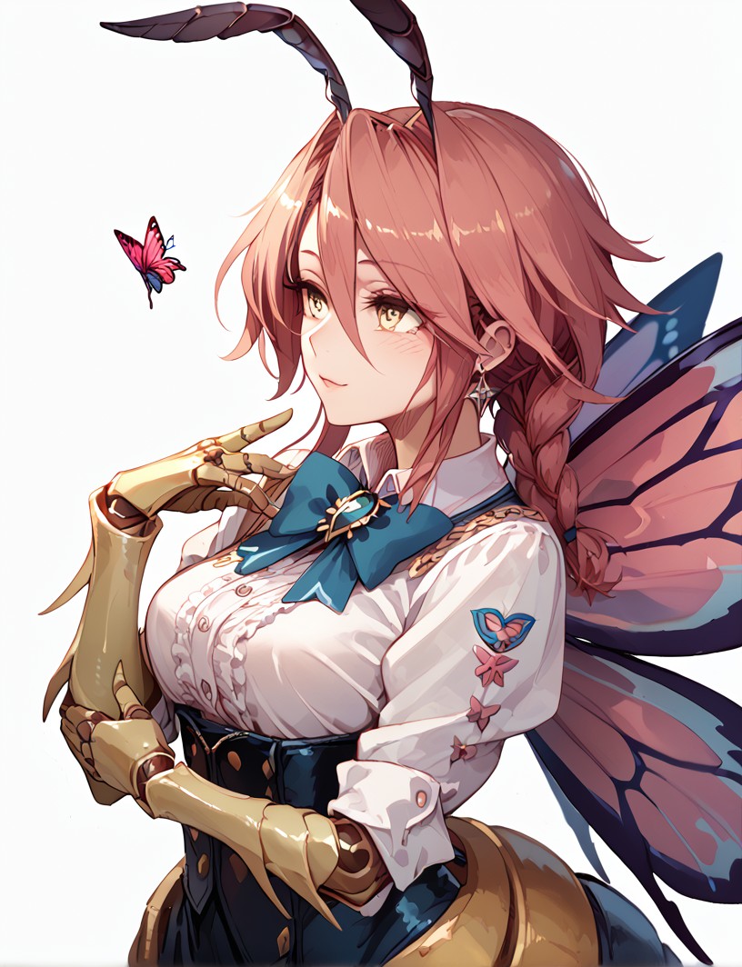 (Score_9, score_8_up, score_7_up), (masterpiece), (expressive eyes), 1girl, Beelzebub, arthropod girl, arthropod limbs, butterfly wings, antennae, <lora:MGE_V5.0:1.2>