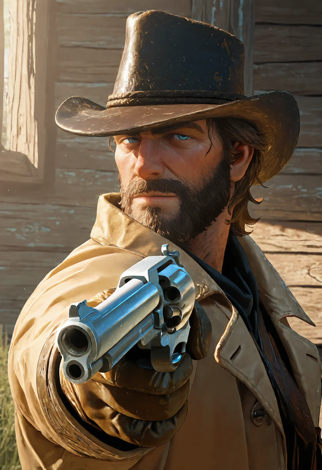 1boy, rdr2arthurm0rgan, mature male, messy medium brown hair, blue eyes, scruffy beard, cowboy hat, aiming revolver, trench coat, cowboy hat, leather gloves, gunfight pose, western town, sunlight, close up,
masterpiece, best quality, absurdres, newest, perfect quality, detailed background, intricate details, great lighting