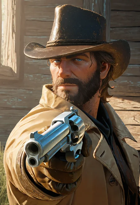 1boy, rdr2arthurm0rgan, mature male, messy medium brown hair, blue eyes, scruffy beard, cowboy hat, aiming revolver, trench coat, cowboy hat, leather gloves, gunfight pose, western town, sunlight, close up,
masterpiece, best quality, absurdres, newest, perfect quality, detailed background, intricate details, great lighting