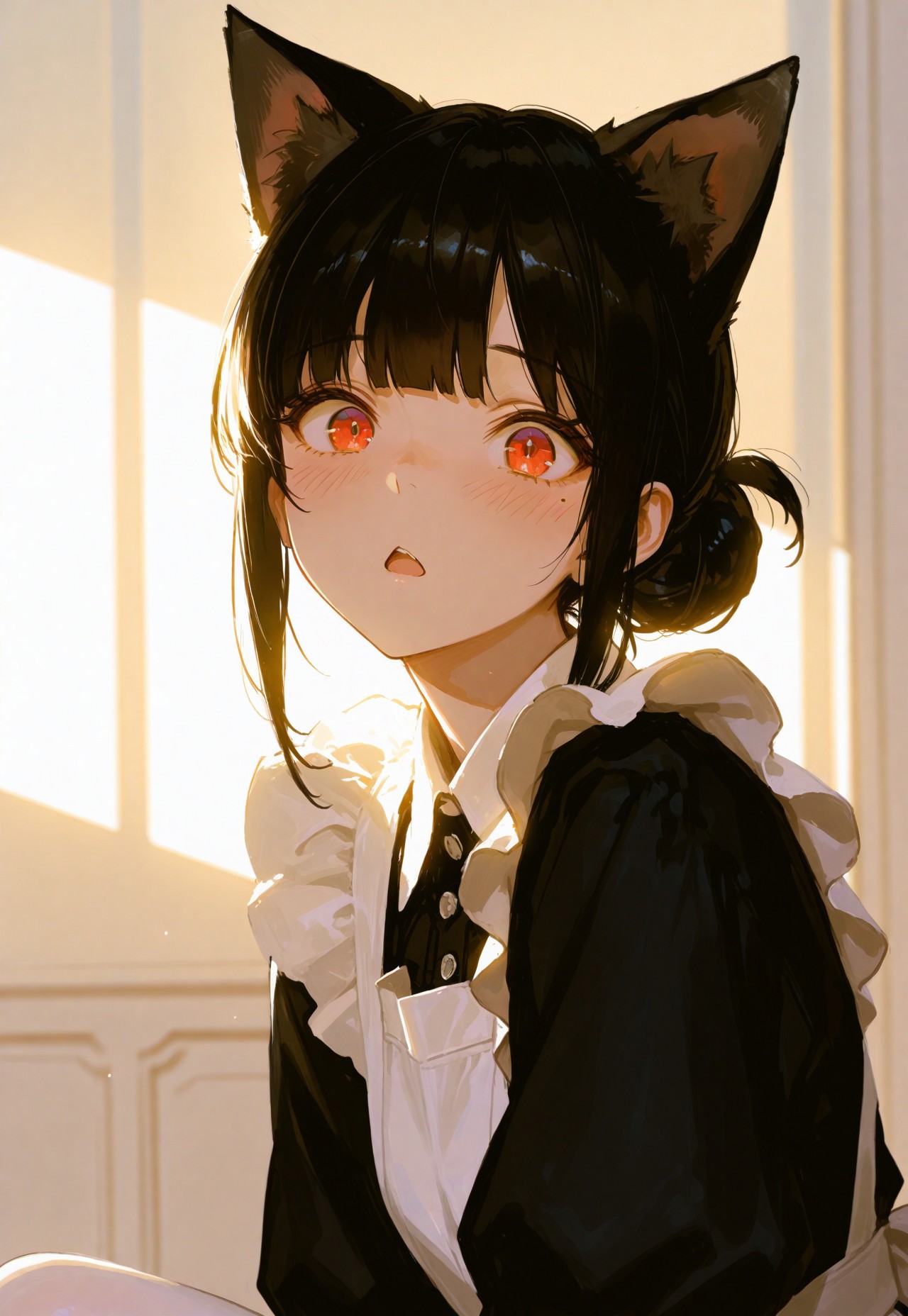 masterpiece, amazing quality, very aesthetic,soft focus
((( best qulity,Beautiful background,))), Pmasterpiece, best quality, very aesthetic, absurdres, solo, extremely_beautiful_detailed_anime_face, studio lighting, backlighting,1girl, black hair,single hair bun, blunt bangs, mole , red eyes,depth of field,classic maid outfit, white pantyhose, cat ears, embarrassed,light blush,view from the side,〣( ºΔº )〣,Triangle mouth ,open mouth,round eyes,looking at viewer,close up,upper body,confusion, shock,surprise,cinematic lighting,beautiful hair, beautiful skin,  
