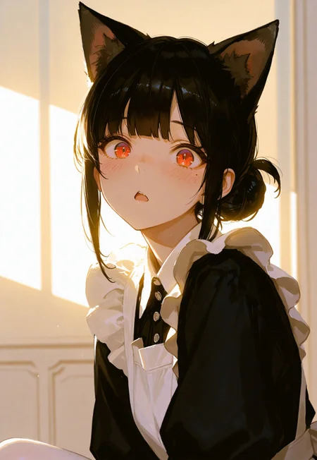 masterpiece, amazing quality, very aesthetic,soft focus
((( best qulity,Beautiful background,))), Pmasterpiece, best quality, very aesthetic, absurdres, solo, extremely_beautiful_detailed_anime_face, studio lighting, backlighting,1girl, black hair,single hair bun, blunt bangs, mole , red eyes,depth of field,classic maid outfit, white pantyhose, cat ears, embarrassed,light blush,view from the side,〣( ºΔº )〣,Triangle mouth ,open mouth,round eyes,looking at viewer,close up,upper body,confusion, shock,surprise,cinematic lighting,beautiful hair, beautiful skin,