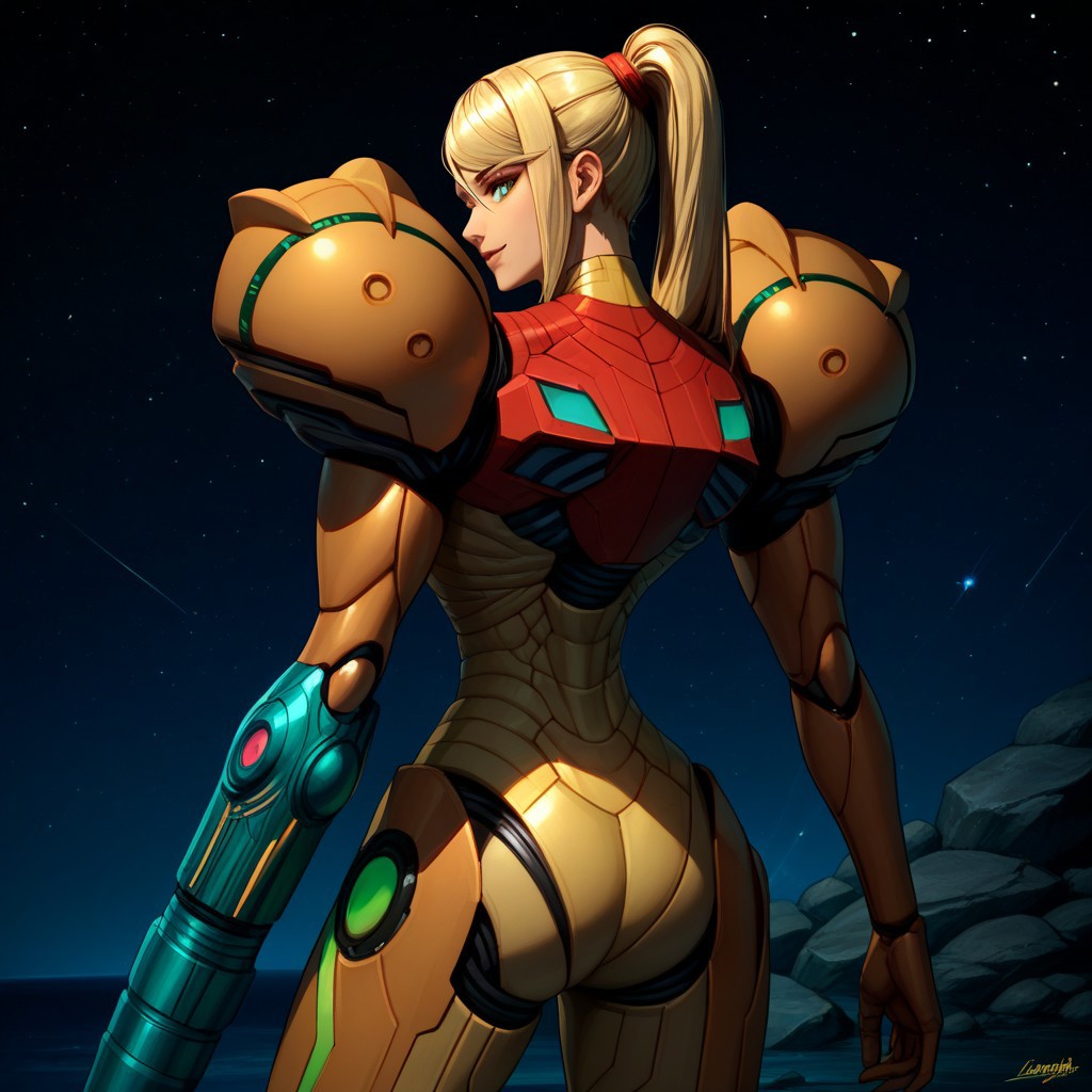 score_9, score_8 score_7, score_6_up, PrimeVaria, power_suit, samus, arm_cannon,  1_hand, space_background, metallic, standing, 1girl, blonde, solo, rocky_environment, close_up, smile, night, stars, purple_sky, looking_back, thumbs_up, back_view