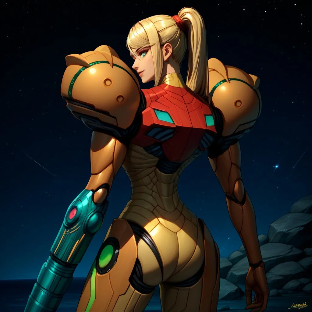 score_9, score_8 score_7, score_6_up, PrimeVaria, power_suit, samus, arm_cannon, 1_hand, space_background, metallic, standing, 1girl, blonde, solo, rocky_environment, close_up, smile, night, stars, purple_sky, looking_back, thumbs_up, back_view