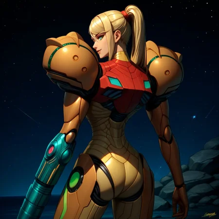 score_9, score_8 score_7, score_6_up, PrimeVaria, power_suit, samus, arm_cannon, 1_hand, space_background, metallic, standing, 1girl, blonde, solo, rocky_environment, close_up, smile, night, stars, purple_sky, looking_back, thumbs_up, back_view