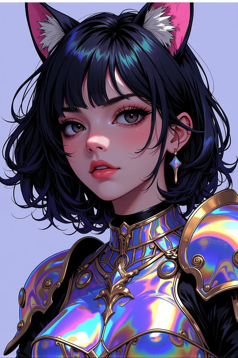 anime portrait. Thick outlines. Prismatic iridescent paladin with black eyes. Cat ears. Revealing reflective plate armor. Iridescent metallic texture and color. Fine details. Peculiar pose. Large breasts. Her hair is short and curly.