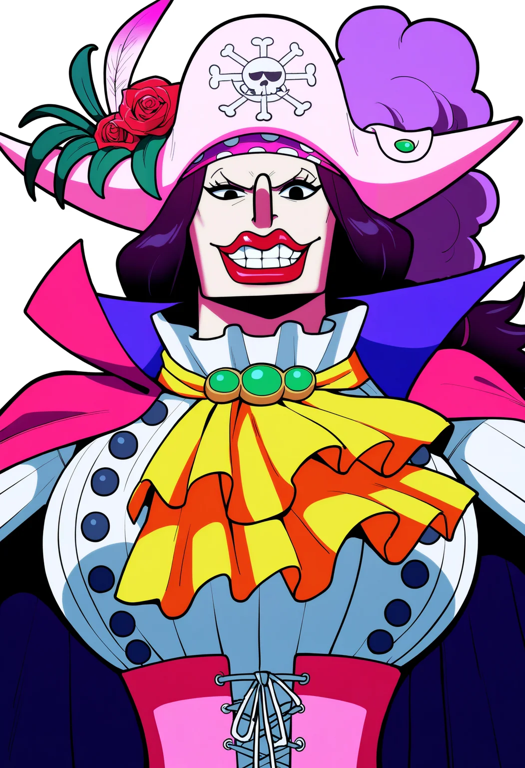 masterpiece, best quality, very aesthetic, absurdres,
1girl, catarinadevon,
long hair, dark purple hair, black eyes,
lipstick, teeth,
pirate hat, hat feather, hat flower, rose,
cape, ascot, corset,
upper body,
looking at viewer, solo, simple background, white background, <lora:CatarinaDevonNoobXL_byKonan:1>