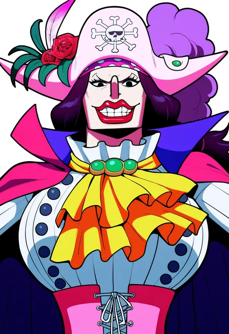 masterpiece, best quality, very aesthetic, absurdres,
1girl, catarinadevon,
long hair, dark purple hair, black eyes,
lipstick, teeth,
pirate hat, hat feather, hat flower, rose,
cape, ascot, corset,
upper body,
looking at viewer, solo, simple background, white background,  <lora:CatarinaDevonNoobXL_byKonan:1>