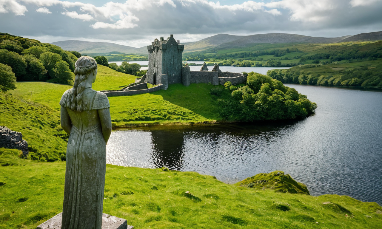 cinematic photo of a ancient castle of Ireland,  sunlight illuminating green hills, a calm lake in the distance, (celtic statue), extremely high quality RAW photograph, highly detailed textures, ultra detailed photograph, <lora:add-detail-xl:0.4>, <lora:Landscape_Master:0.8>, grain, 35mm