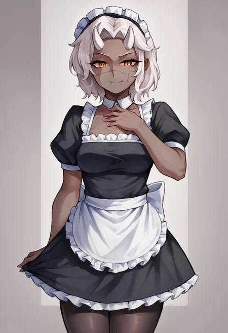 score_9, score_8_up, score_7_up, source_anime,cowboy shot, third-quarter view, (scar on face), (scar across nose), scar on nose, skin-cracking on face, solo, 1girl, calamitas, dark skin, grey skin, smug, looking at viewer, hand on own chest, white hair, amber eyes, demon horns, maid, maid outfit, maid attire, black pantyhose, maid headdress, <lora:terraria_calamitas_ponyXL:1>