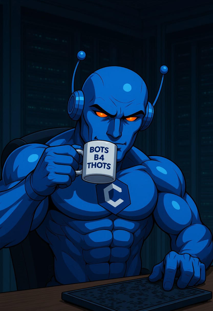 CivBot, gigachad, sigma male, orange glowing eyes, robot, blue, in a dark server room, drinking from a mug with the text "Bots B4 Thots"