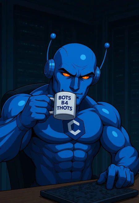 CivBot, gigachad, sigma male, orange glowing eyes, robot, blue, in a dark server room, drinking from a mug with the text "Bots B4 Thots"