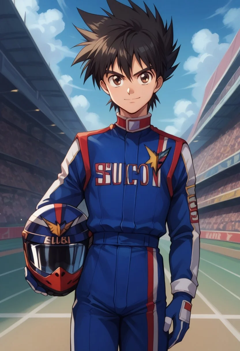 score_9, score_8_up, score_7_up, source_anime, highly detailed,
hayatokazami, 1boy, male focus, helmet, solo, smile, holding helmet, gloves, black hair,
looking at viewer, helmet removed, headwear removed, holding, spiked hair,
brown eyes, closed mouth, hand on hip, racing uniform,
outdoor, sky,