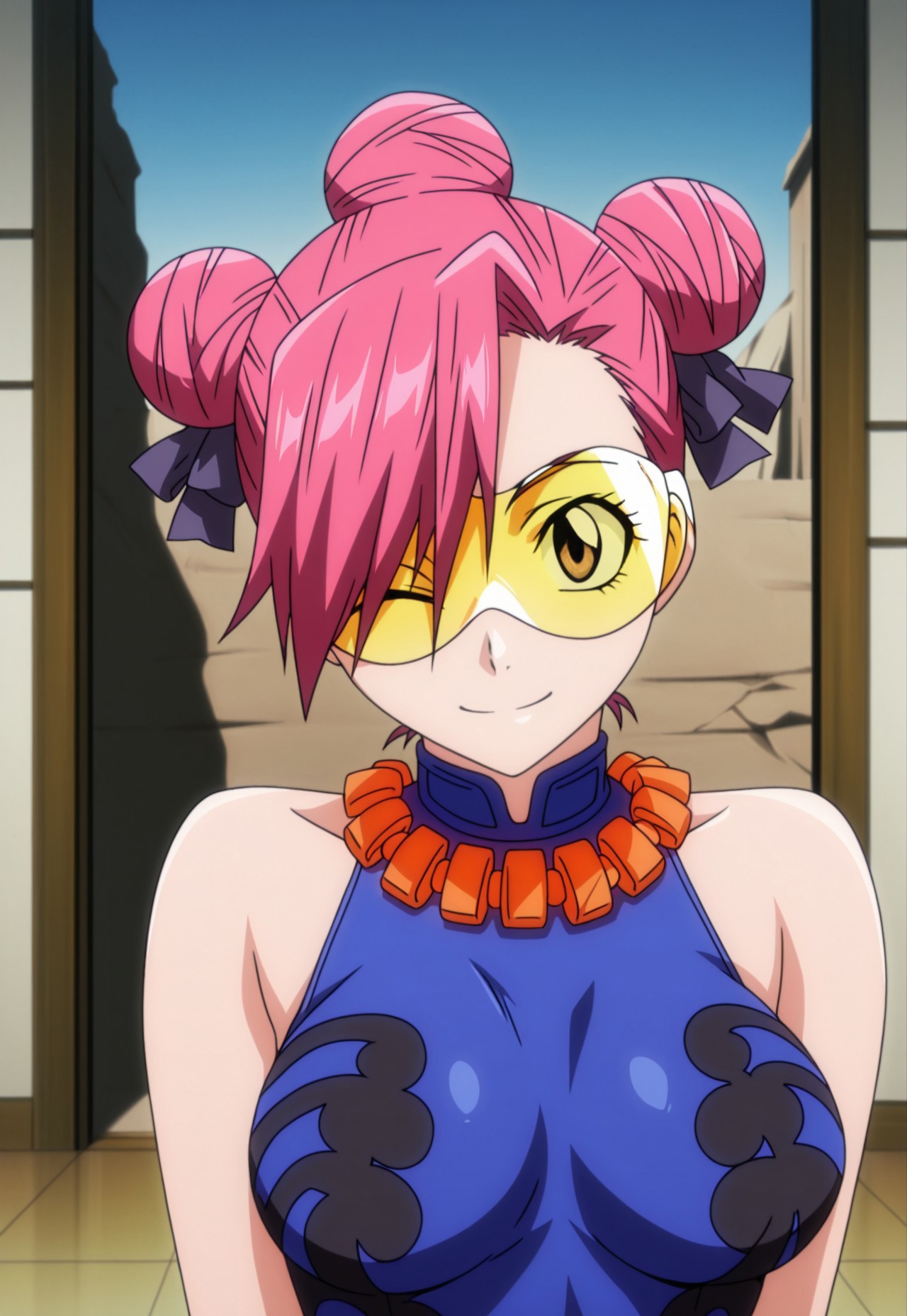 masterpiece, best quality, amazing quality, amazing quality,very aesthetic,absurdres,best quality,newest,masterpiece, breasts, anime screencap, anime artstyle, winking, happy, breasts, anime screencap, anime coloring,safe_pos, safe_pos, score_9, score_8_up, score_7_up,  bleach, shun shun rikka lily, hair bun, double bun, pink hair,visor, sunglasses,hair over eye, bare shoulders, necklace, jewelry, blue leotard, anime coloring, solo