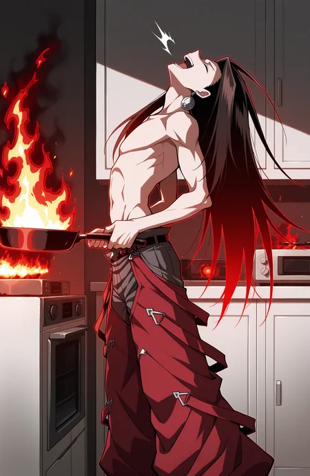 sk21_hao, solo, topless male, earrings, hao pants, feet out of frame,
from side, wide shot,
arched back, powering up, aura, fire, emebers, holding frying pan with roasted chiken, 
head back, open mouth, laughing, closed eyes, evil laugh, breathing_fire,
indoors, kitchen microwave,
best quality, masterpiece, highres,
<lora:[Char - IL] Shaman King - Asakura Hao (R1E12):1>