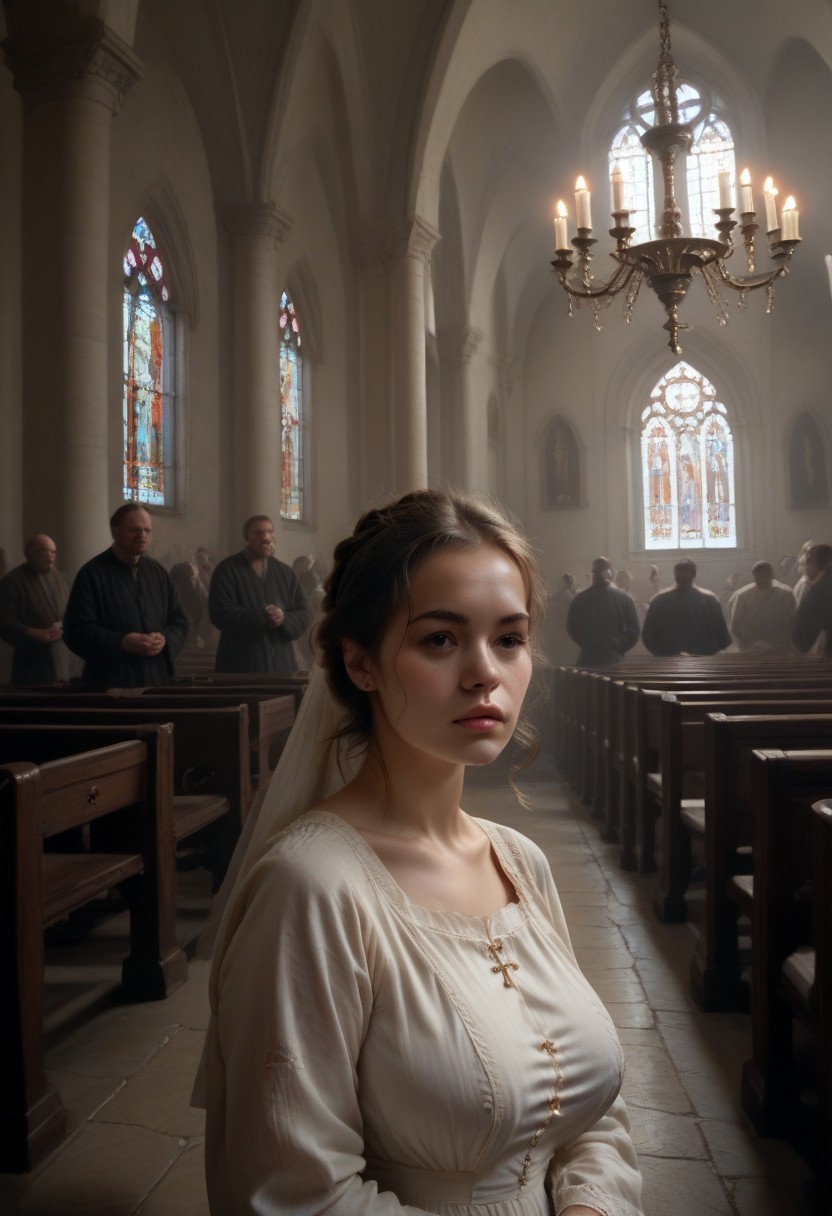 score_9, score_8_up, score_7_up,detailed,1girl, busty Guin as a poor peasant kneeling in a church and folds her hands to pray, multiple men in the background watching her, Guin, focus on her face, breasts and hands, american shot, ruanyi0941,chandelier,church,indoors,statue