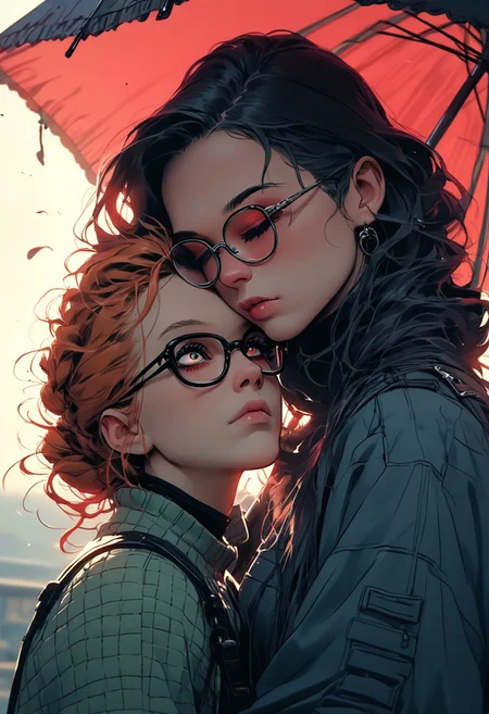 score_9, score_8_up, score_7_up, source_image_comics, embrace, small fat crocodile, scarlet eyes, straight jacket, big glasses, umbrella, rose dust ribbon,sinozick, day sky, sunny, heavy rain, big eyes, The image is a digital art piece that appears to be a portrait of a woman's face. The woman's head is in profile, with her eyes closed and her lips slightly parted. She has long, flowing hair that is styled in a way that cascades down her back. The hair is made up of intricate patterns and swirls, creating a sense of movement and energy. The background is black, making the woman's features stand out even more. The overall mood of the image is peaceful and serene.