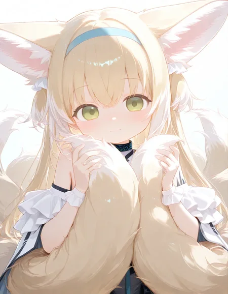 1girl, suzuran \(arknights\), hugging own tail, smile, blush, 
very awa, masterpiece, best quality, amazing quality, absurd res, hi res, highres, <lora:naitian_epoch_15:0.8>