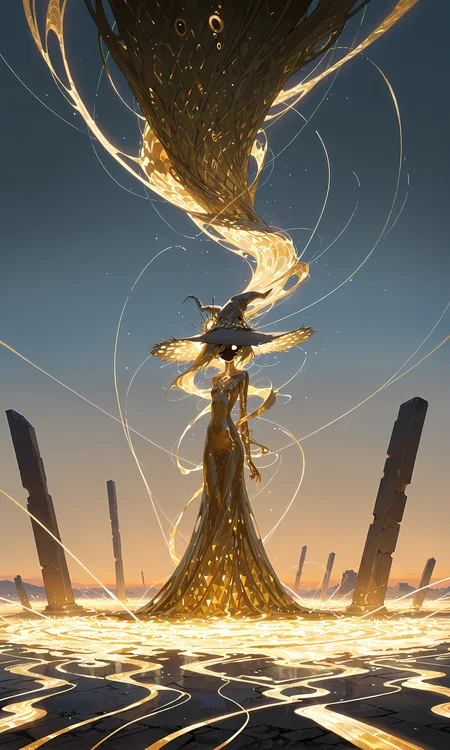 masterpiece, best quality, amazing quality, very aesthetic, scene, In a world crafted entirely from straw, a mysterious straw witch moves through the fields, passing by ancient monuments crafted from the same material. Each monument is woven together from thousands of straw strands, their forms twisted and tangled in beautiful, abstract shapes. The straw monuments are scattered throughout the fields, some standing proud while others have partially collapsed into piles of golden stalks. The witch's form is also intertwined with the straw., masterpiece, best quality, amazing quality, very aesthetic,