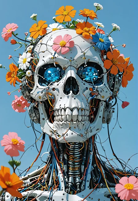 close up ,anime style skull with blue eyes and flowers growing out , Tsutomu Nihei, long shot, blue sky background , Moebius, manga, robotic head, body covered in wires, vibrant colors, Katsuhiro Otomo,Retro-Futuristic Alpine Sci-Fi <lora:lazy:1> <lora:MJ52:0.5>