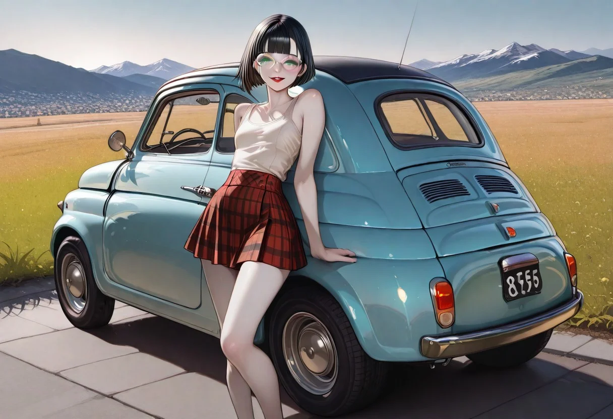 masterpiece, best quality, 32k, high resolution, absurdres, dynamic lighting, HD32k, masterpiece,fiat500, fiat 500, solo, Polly, PollyRH, short hair, bobcut, black hair, bangs, green eyes, small breasts, almost flat chest, slim, pale skin, big round eyeglasses, clear eyeglasses lenses, red lipgloss,tanktop, tartan skirt, posing next to the car, hand on car roof, outdoor, street, grass field, mountains in background, fiat500, blue car, car, parted lips smiling, looking at the viewer