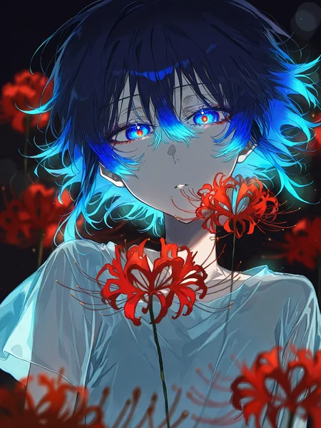 <lora:nai_ILL:0.8>,
kuroume, <lora:kuroume_style_for_illustrious:0.8>,
<lora:Glowing_Spot_Color_-_Illustrious:0.6>, glowing eyes, streaked hair, glowing inner hair, glowing streaks,
looking at viewer, short hair, bangs, blue eyes, shirt, hair between eyes, blue hair, upper body, flower, short sleeves, multicolored hair, parted lips, shiny, artist name, blurry, shiny hair, see-through, eyelashes, depth of field, 1other, lens flare, blurry foreground, multicolored eyes, spider lily,