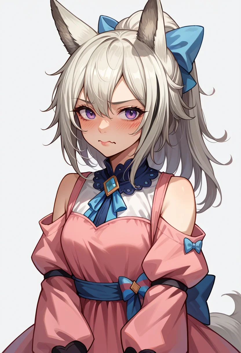 score_9, score_8_up, source_anime, 1girl, solo, GraniArk, animal ears, long hair, high ponytail, streaked hair, tail, pink dress, puffed sleeves, hairbow, blush, lipstick, looking at viewer, wavy mouth, <lora:ChamGraniArknightsPonyXL:1>