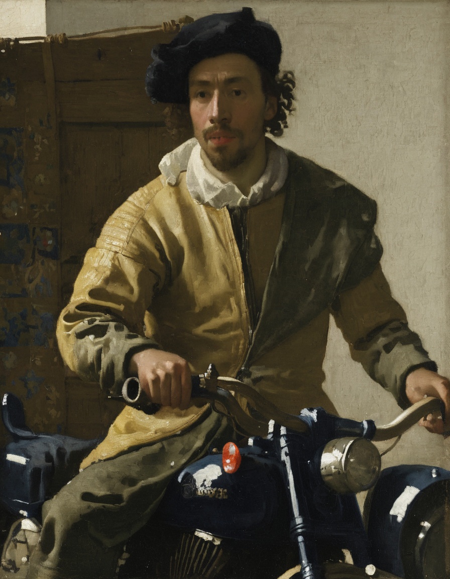 <lora:JohannesVermeerXL_v1:1> JohannesVermeerXL, a man in a motorbike