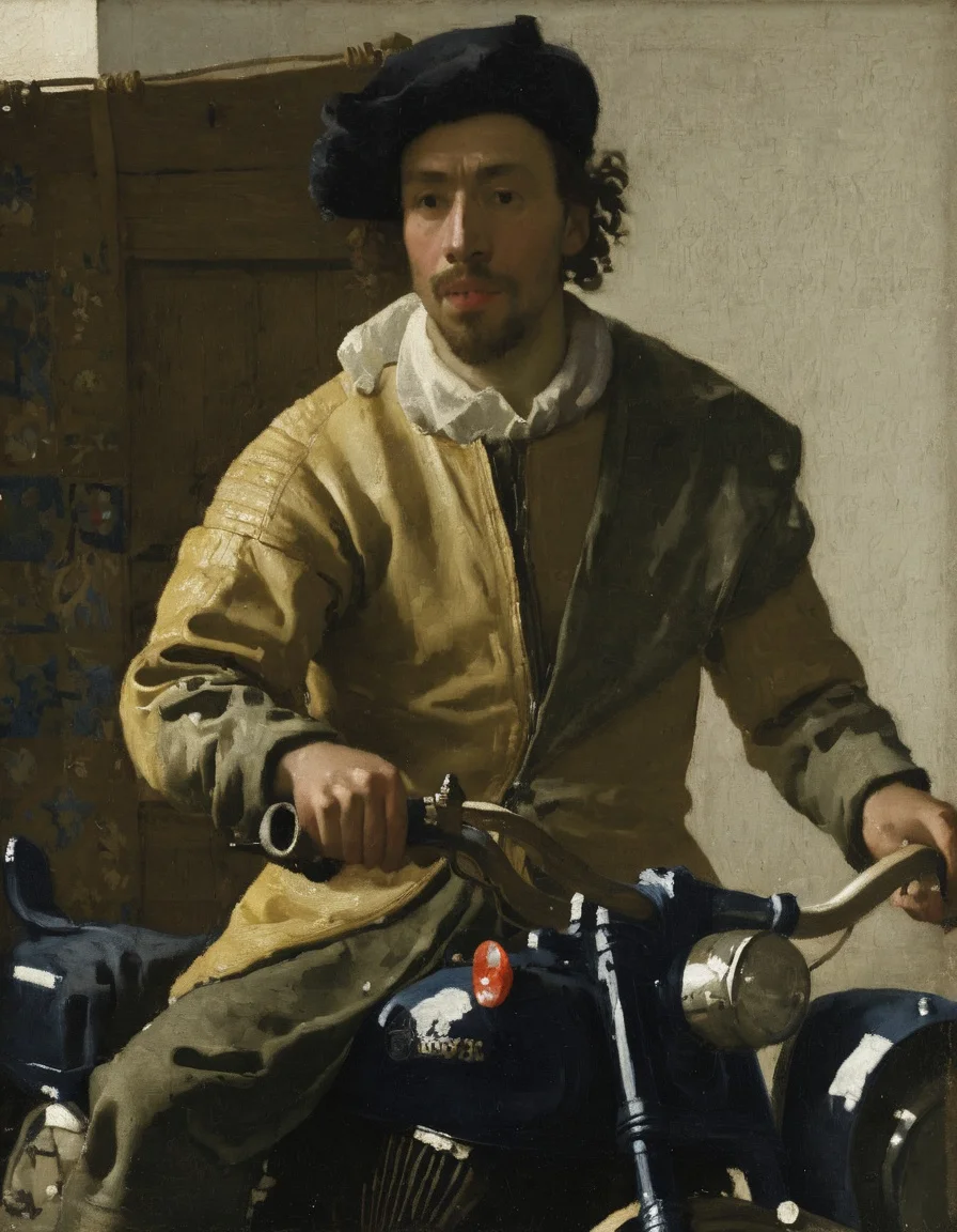 <lora:JohannesVermeerXL_v1:1> JohannesVermeerXL, a man in a motorbike