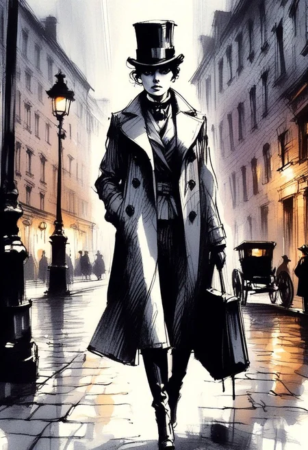 inksketch
A sharp-eyed female detective in a Victorian-era suit stands under a gas lamp, holding a magnifying glass. Cobblestone street, fog, horse-drawn carriage, top hat, trench coat, monocle, dramatic shadow, film noir.