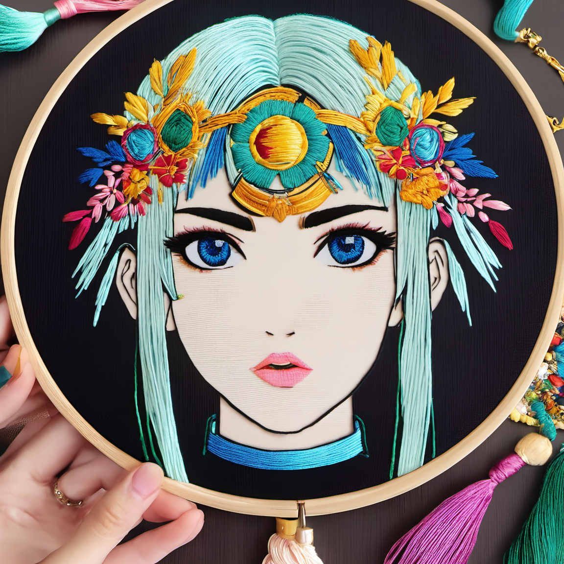 embrodarythreadart,girl<lora:embrodary_thread_art:1>, Closeup face portrait, smooth soft skin, beautiful eyes, intricate colored hair, symmetrical, anime wide eyes, soft lighting, detailed face, by makoto shinkai, stanley artgerm lau, wlop, rossdraws, concept art, digital painting