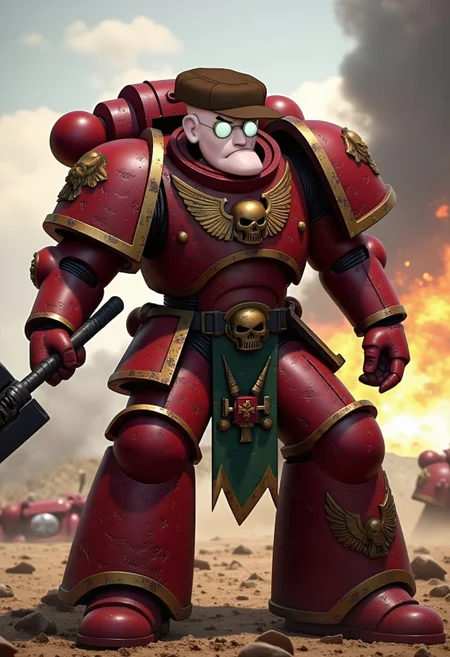 Create a photorealistic image of a Blood Angel space marine in full, intricately detailed power armor. The armor should feature the signature red and gold color scheme of the Blood Angels, with their iconic symbol on the shoulder pads. The marine is wielding a massive warhammer in both hands, ready for battle. Instead of a typical helmet, the marine's head is replaced by Eustace Bagge from Courage the Cowardly Dog, showing his classic annoyed expression, glasses, and small brown hat. The scene takes place in a futuristic, war-torn environment with distant explosions, and the marine stands in a powerful, battle-ready stance, BloodA40K