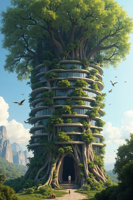 A giant, ancient tree growing through the center of a modern skyscraper, its roots breaking through the floors and its branches extending out of the windows, with birds and small animals living in its canopy