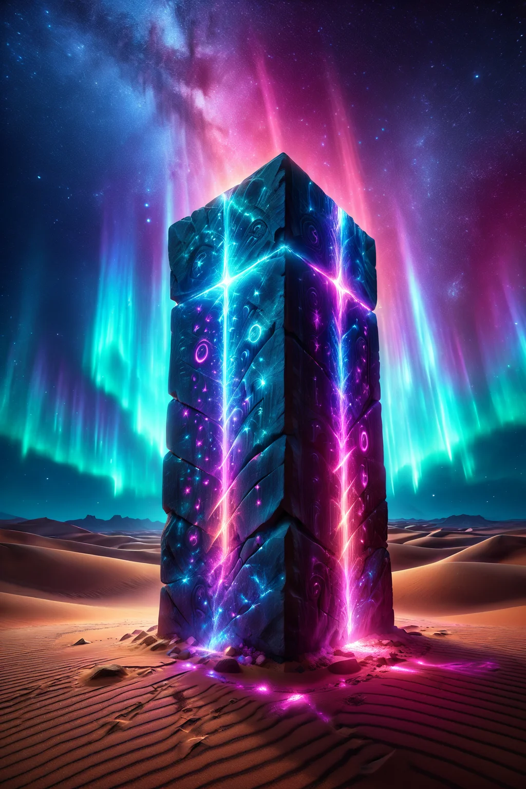 stone monolith with glowing runes, morph-aurora, desert night with starry sands, detailed background, best quality, vibrant colors, photorealistic style, high detail, hyper-realistic, highres, 4K resolution, realistic photo, masterpiece, ultra-detailed, northern glow, blues and pinks, radiant shine, dynamic angle, wide shot, <lora:add-detail-xl:1> <lora:aurora_0_100_V1-000009:0.65>