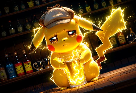 kawaii style auralora, yellow electricity, glowing, pikachu, detective hat, 3d, dutch angle, (bar background:1.2), hold cup blue coctail, tired, sad, ears down, tail up, nlstn, glowing, dark, . cute, adorable, brightly colored, cheerful, anime influence, highly detailed