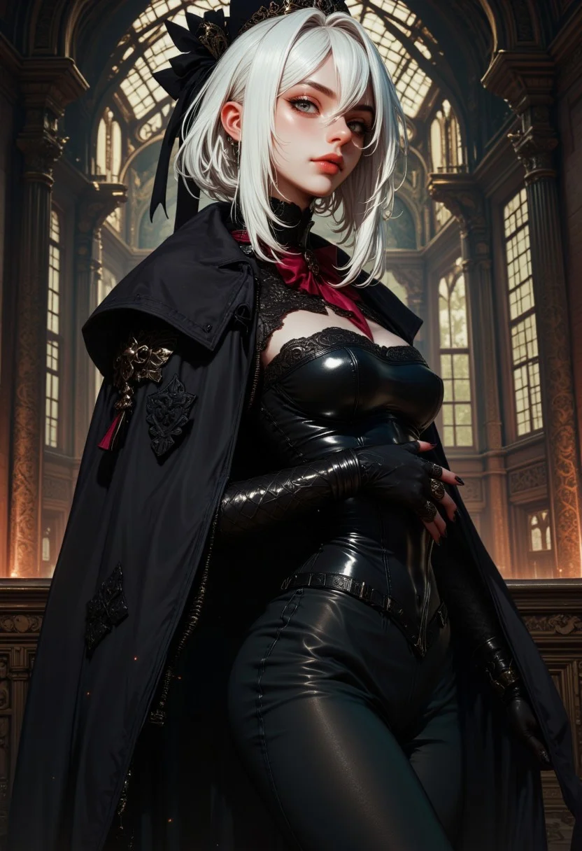 young ghost women, inside hunted mansion, white hair, gothic style, abandoned villa, grand hall, black, spooky, portrait, detailed character illustration, anime style, digital art, mystical, intricated lighting, dynamic pose, high quality. G0thicL1nes.