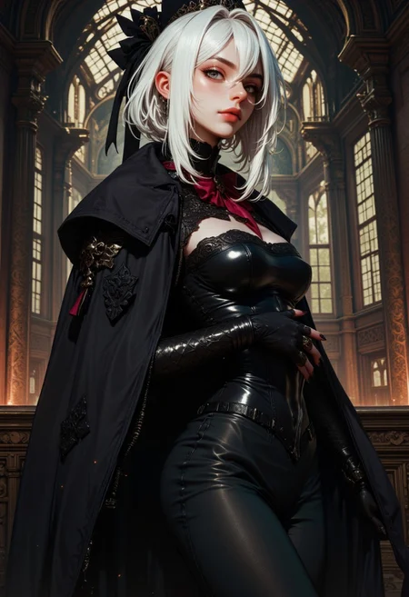 young ghost women, inside hunted mansion, white hair, gothic style, abandoned villa, grand hall, black, spooky, portrait, detailed character illustration, anime style, digital art, mystical, intricated lighting, dynamic pose, high quality. G0thicL1nes.