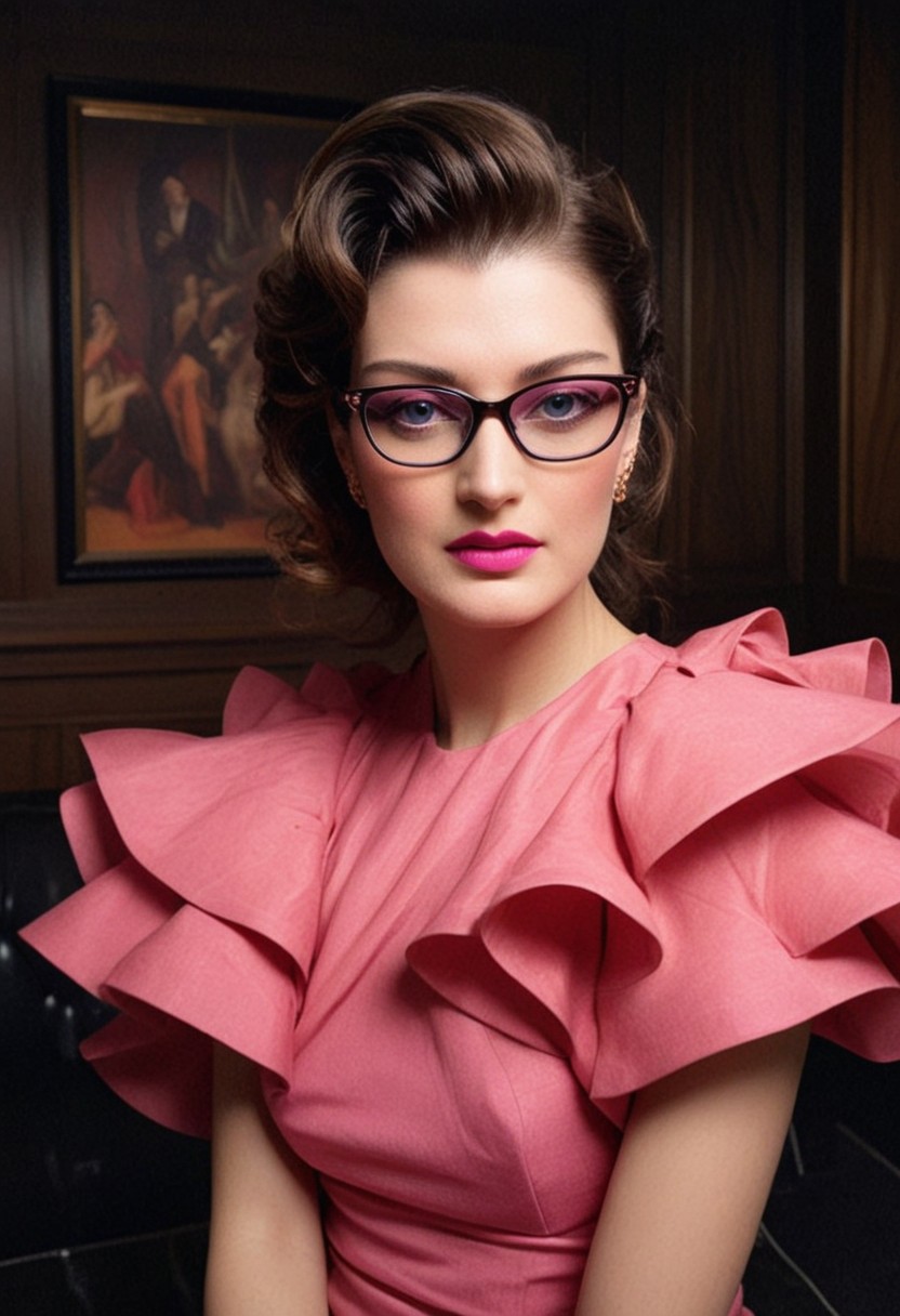 ((Introduce quality iteratively))((unambiguous unequivocal sampling))(extreme haute couture pink cocktail dress)(detailed skin, pores, sweat, blush, imperfections)(mysterious, ethereal, intimidaitng. cinematic lighting, epic cinematic color style)(inspired by style of David Lynch and Stanley Kubrick doing things never done before)(pure sharpness)(k black point)((art of greatness))(magnificent gradients)((blacklight ultraviolet colors complementary saturated hues))((vignette))f(x)Thriller. Glasses.