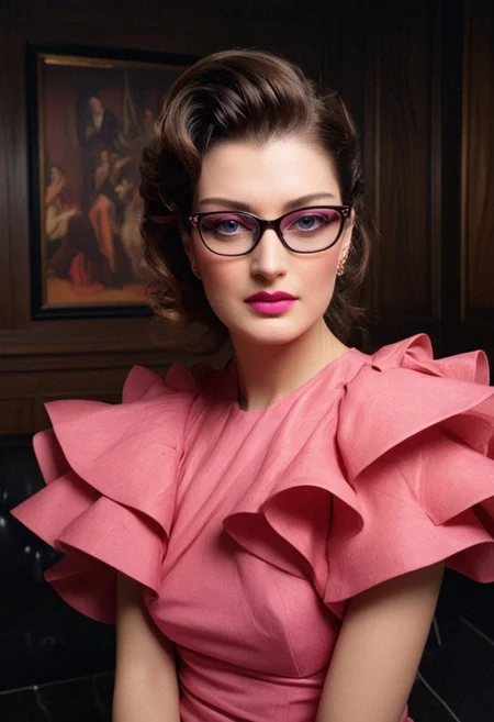 ((Introduce quality iteratively))((unambiguous unequivocal sampling))(extreme haute couture pink cocktail dress)(detailed skin, pores, sweat, blush, imperfections)(mysterious, ethereal, intimidaitng. cinematic lighting, epic cinematic color style)(inspired by style of David Lynch and Stanley Kubrick doing things never done before)(pure sharpness)(k black point)((art of greatness))(magnificent gradients)((blacklight ultraviolet colors complementary saturated hues))((vignette))f(x)Thriller. Glasses.