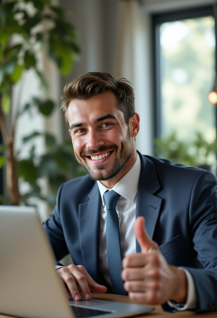 <lora:PCB_Image_Enhancer_for_FLUX:1>
realistic photo of a business man sitting in front of a laptop, smiling and giving a thumbs up