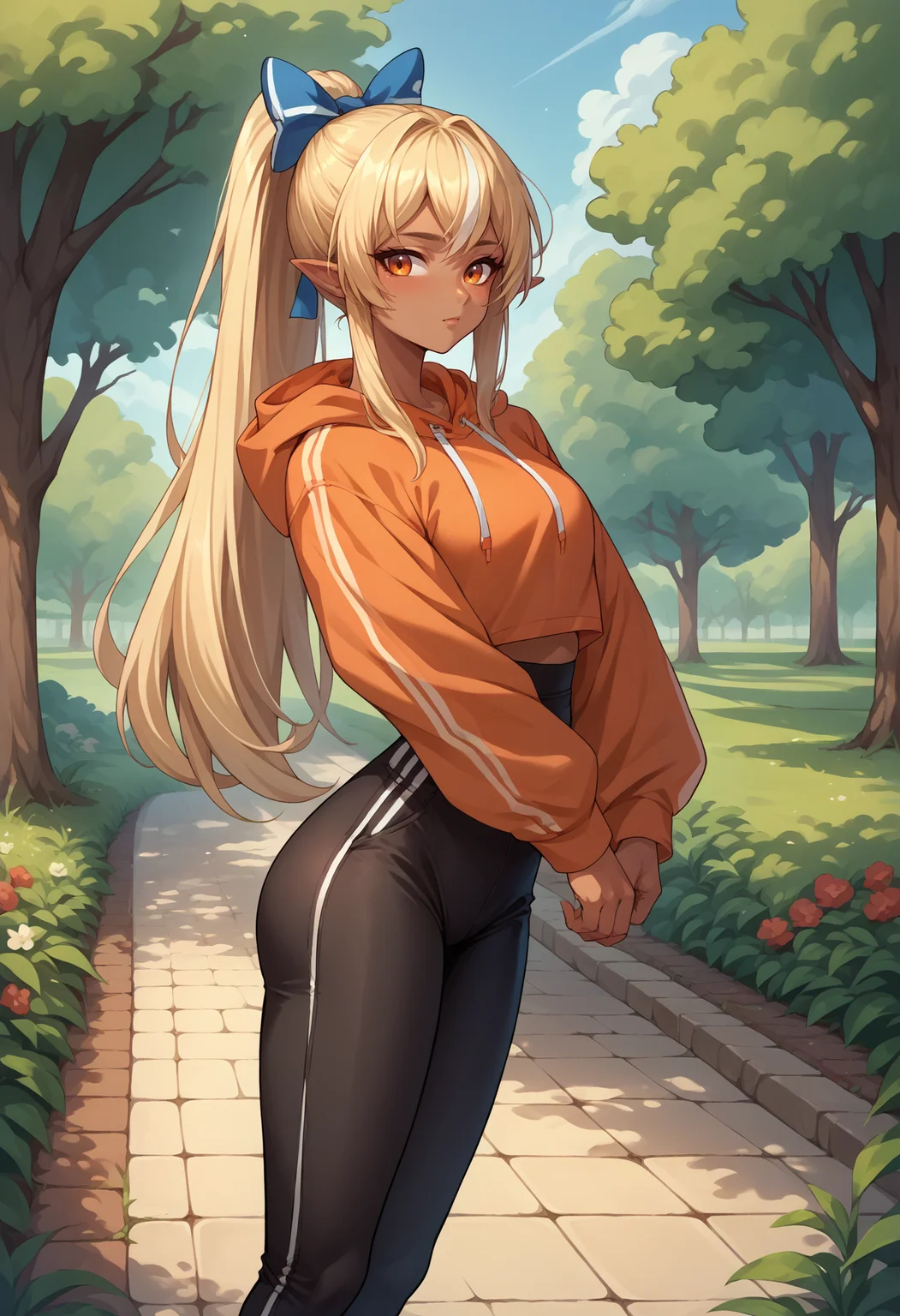 score_9, score_8_up, score_7_up, source_anime, 1girl, solo, ShiranuiFlare, dark skin, long hair, high ponytail, hair bow, outdoors, park, orange hoodie, high-waist pants, yoga pants, black pants, light blush, <lora:ChjamShiranuiFlarePonyXL:1>