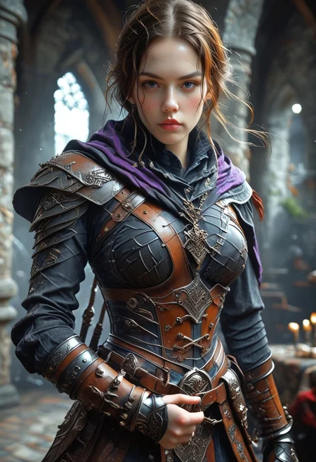 safe_pos, safe_pos, s1_dram, score_9, score_8_up, score_7_up, high detailed, high quality, masterpiece, quality highlights, 8k detail, detailed background, dynamic view, ultra-detailed, cowboy shot,
BREAK 1girl, expressiveh, 24yo, 24-years-old, brunette hair, short hair, straight hair, side part, medium breasts, light skin,
athletic woman, pretty face, action pose, standing,
BREAK dressed as a rogu3, wearing (low-cut ((leather armor))), (leather cuirass), brown leather breastplate, ((black shirt)) under her armor, black sleeves, ((brown (leather vambraces)) on her forearms), (tall (brown leather boots) with (black straps) and (silver buckles)), holding (green daggers) in each hand, medieval, (((purple cape))), (black leather pants),
BREAK in a medieval fantasy castle,