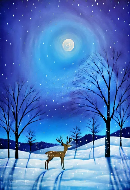 <lora:StylizedNightscape_IXL:1.0>, N1ght, sky, day, tree, blue sky, animal, moon, star (sky), nature, snow, starry sky, blue theme, snowing, winter, bare tree, landscape, deer, reindeer