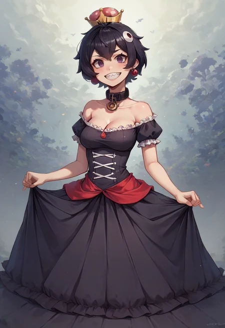 score_9,score_8_up,score_7_up,source_anime,HiQuality zPonyDXL positive,zPDXL2,<lora:pony_good_hands>,good_hands,perfect hands,<lora:backgroundsetXL:0.5>,background,
<lora:ChompettePonyXL:0.8>,chomp3tt3,black hair,super crown,collar,sharp teeth,short hair,dress,<lora:NemPonyMergeV1.52:1>,