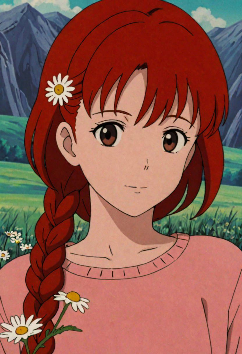 masterpiece, best quality, girl, red hair, braid, chamomile in her hair, pink sweater with chamomile
anime screencap in vwst artstyle