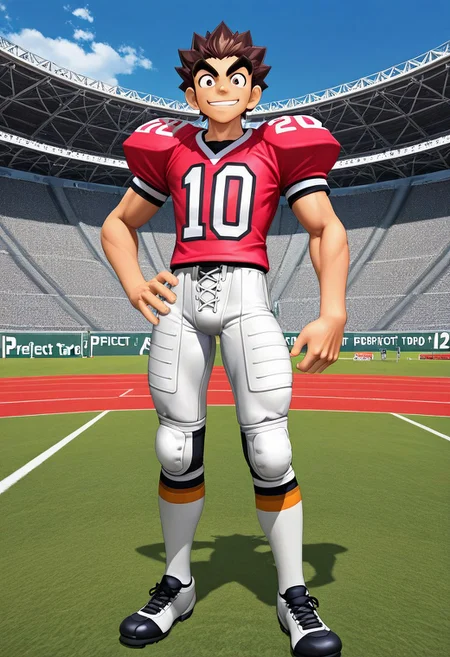 PVC figure, 3d, realist PVC, official art, male, High Quality, perfect anatomy, HD, anime style, break
TAROU RAIMON, 1boy, alone, brown hair, thick eyebrows, dark brown eyes, athletic build, smiling, posing, looking at viewer, football uniform, tight uniform, red and white uniform, football field