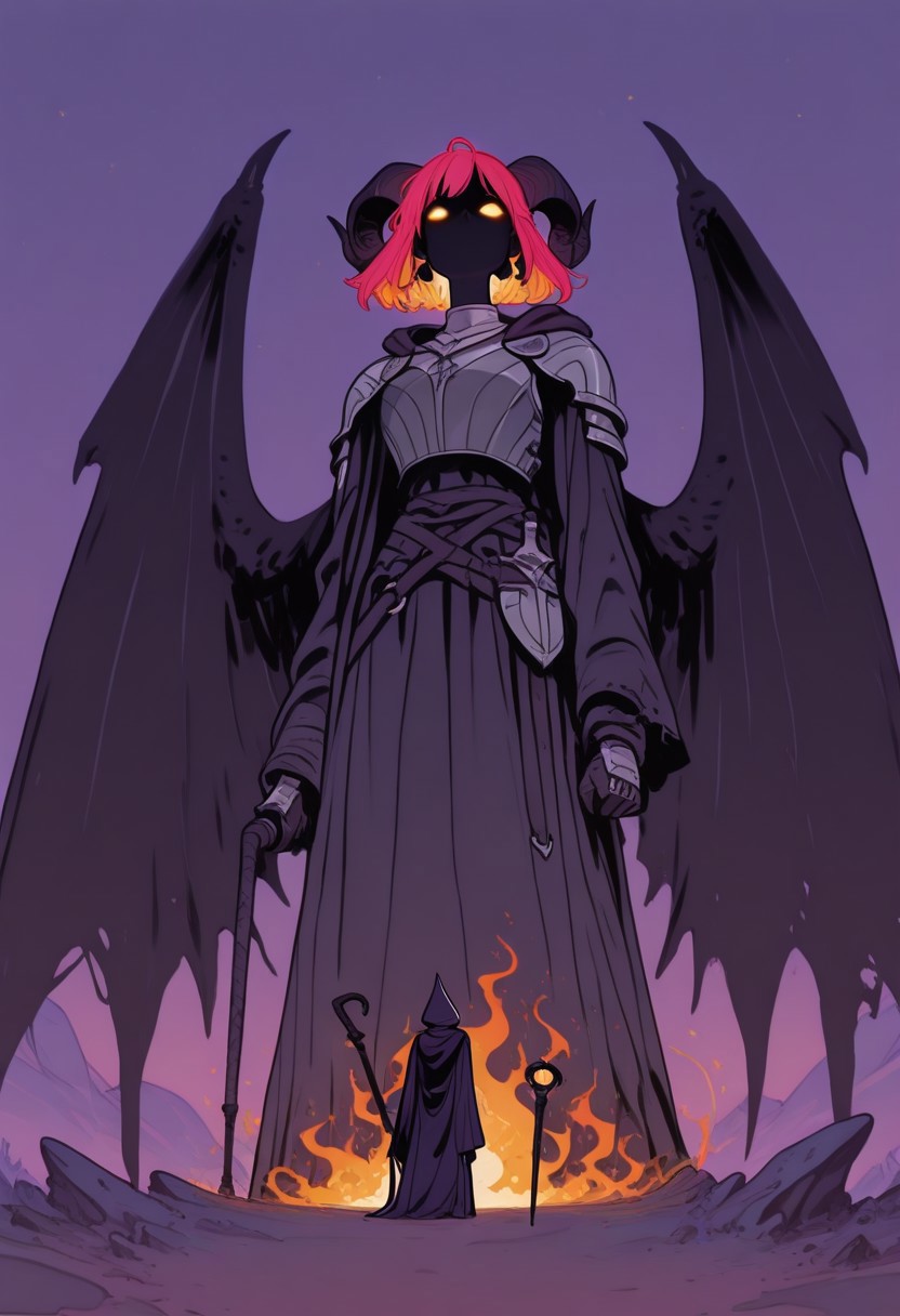 score_9, score_8_up, score_7_up, masterpiece, best quality, very aesthetic, SMN0UV34UDSK, art nouveau, 1woman, incoth, (incase:0.6), detailed face, (dynamic:1.2), demon, balrog woman, curled horns, giantess, cliff, abyss, violet flames, glowing whip, whip, huge wings, glowing eyes, glowing hair, armor, knight's armor, swinging whip, badass, dark, epic, perspective, (mage, robe, staff), belle époque, jugendstil, secession, liberty, guimard, mucha, klimt, fin de siècle